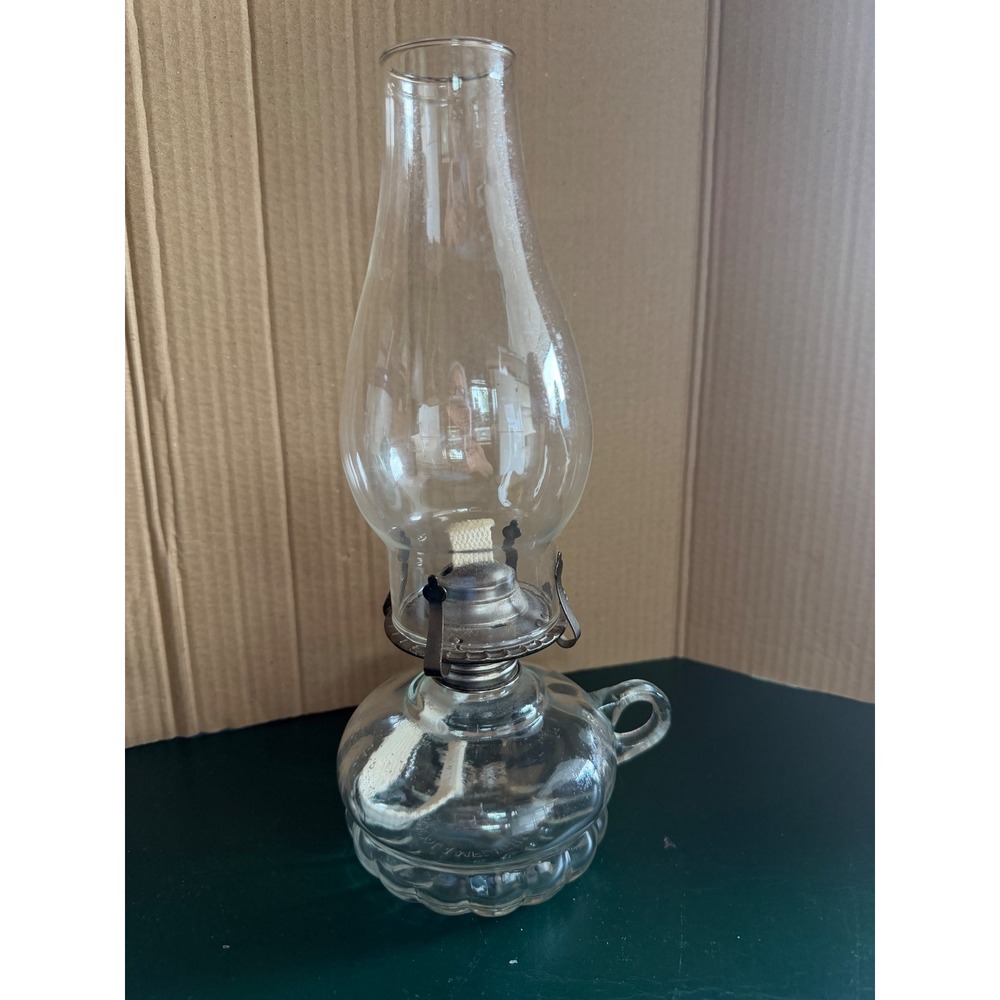 Vintage Lamplight Farms Clear Glass Oil Lamp with Handle and Chimney USA Made